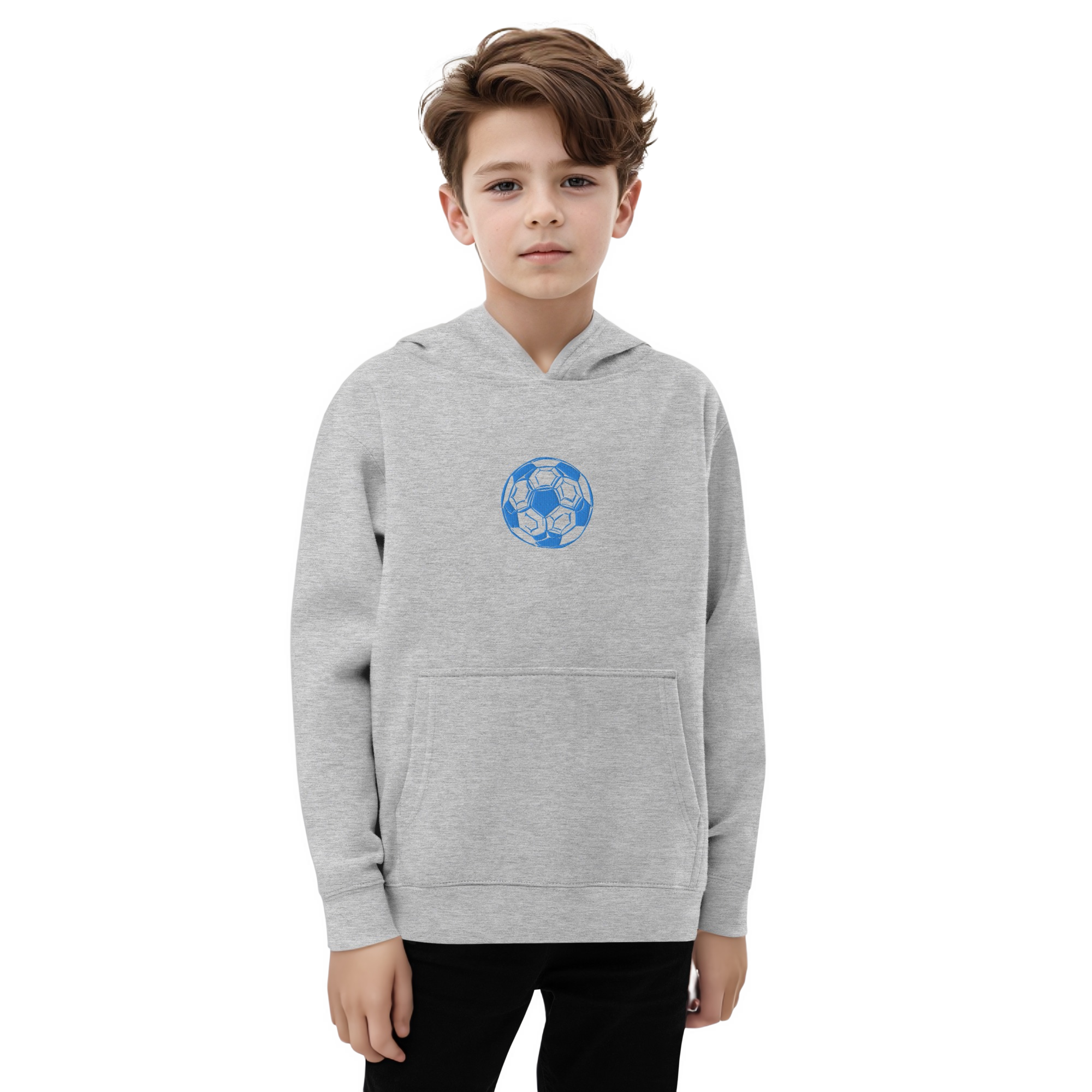 Embroidered Soccer Print Kids fleece heather grey hoodie