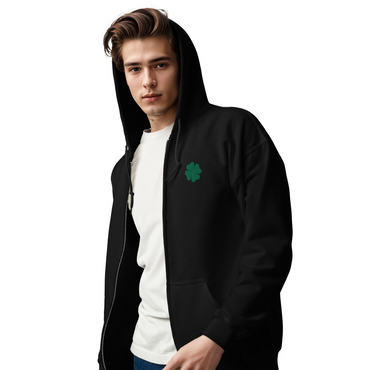 Premium Men's heavy blend zip hoodie with Green Clover Leaf Embroidery