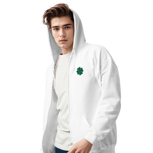 Premium Men's heavy blend zip hoodie with Green Clover Leaf Embroidery