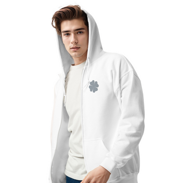 Premium Men's heavy blend zip hoodie with Grey Clover Leaf Embroidery